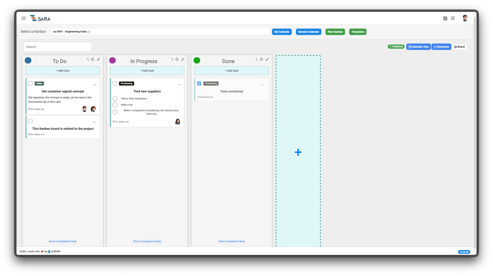 Project Kanban board with To do, In progress and Done columns
