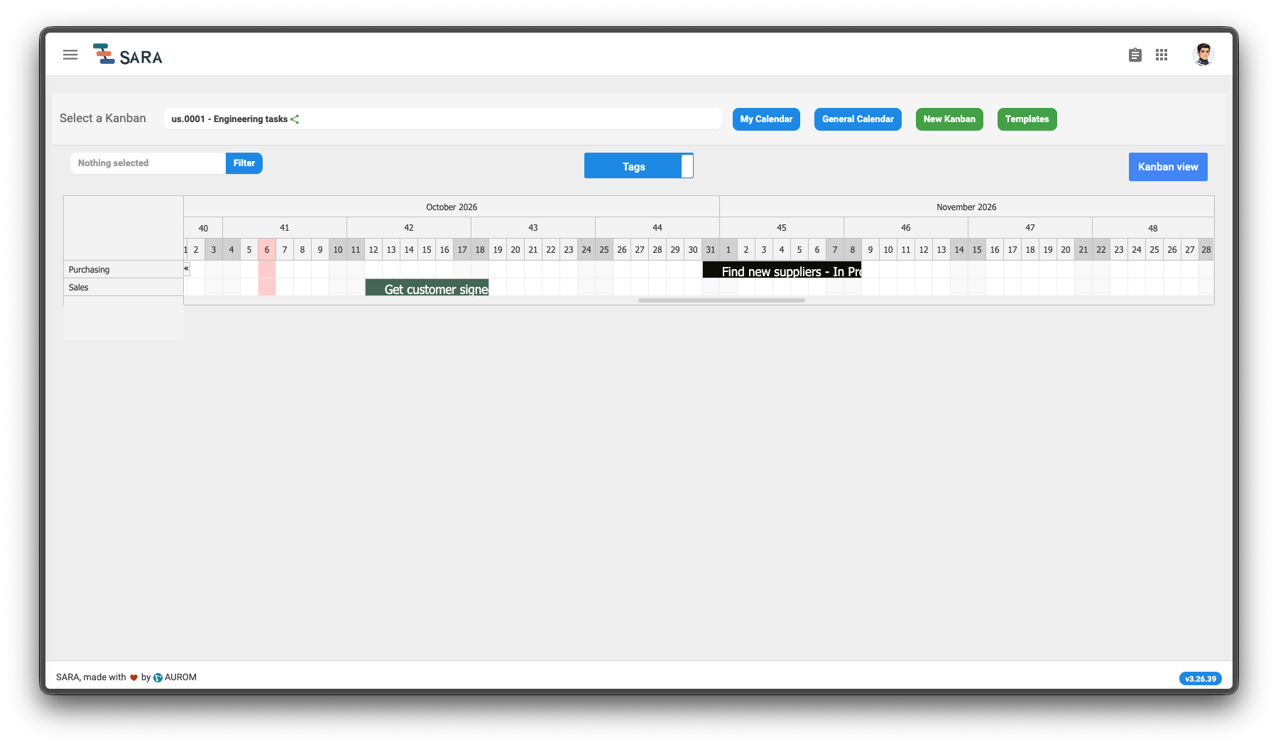 Kanban calendar showing dated tasks across purchasing and sales rows