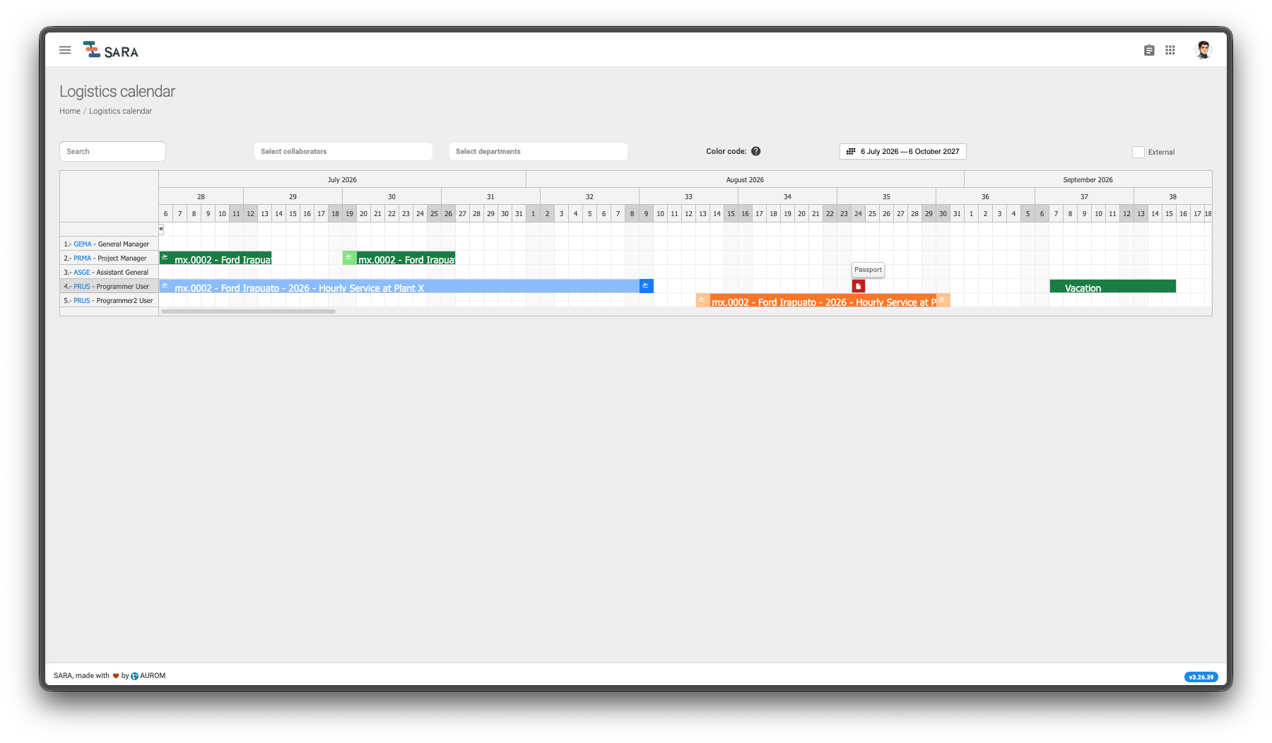 Logistics calendar showing employee assignments, vacation, and a passport reminder tooltip