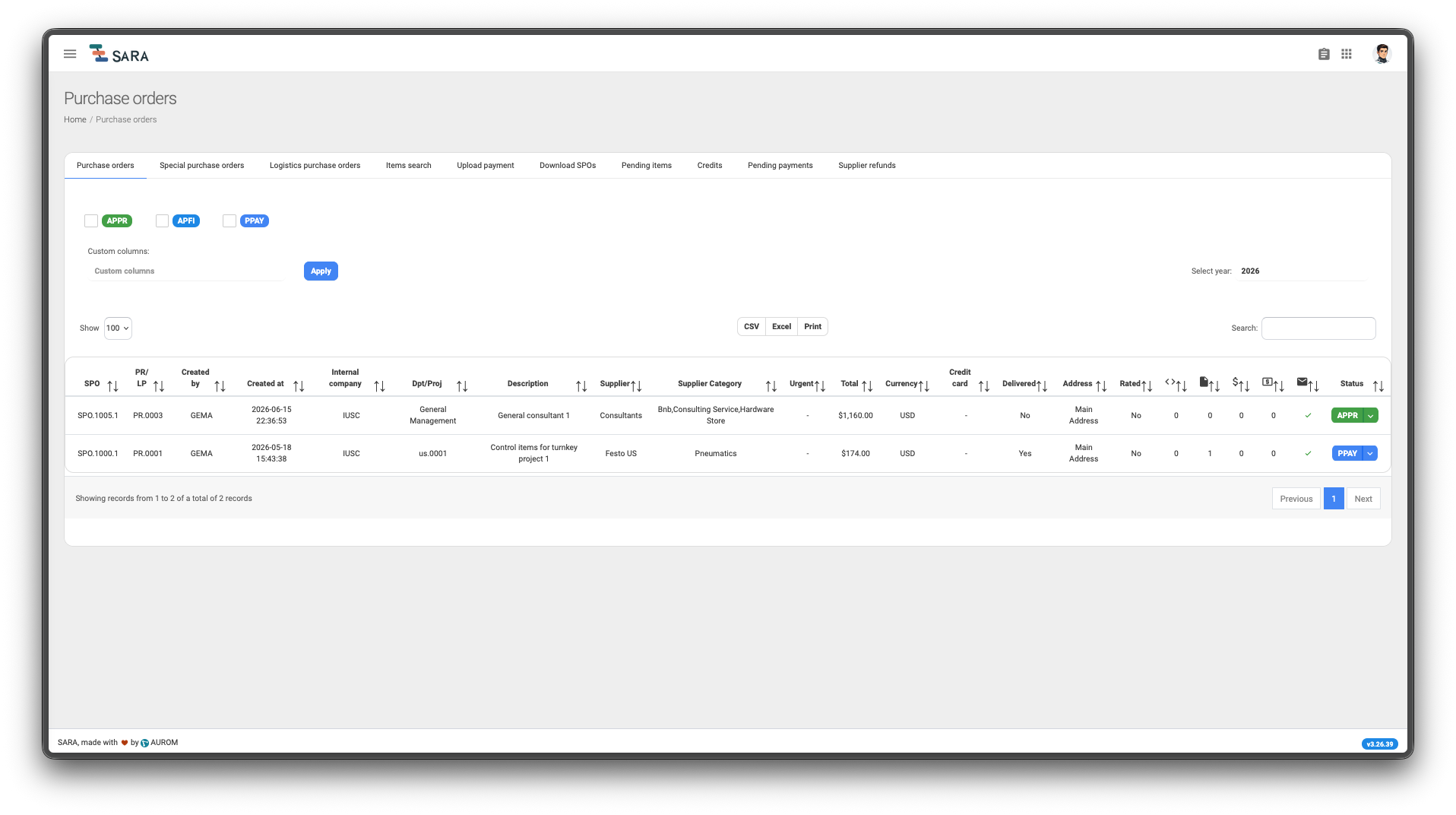 Purchase orders linked to project purchasing